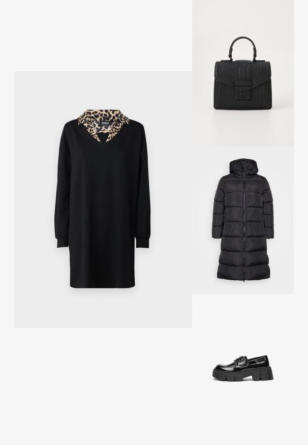 Sort pufferjakke med hætte, der har lynlås foran, kviltet design og mellemlang længde. Glat tekstur med vandret syning.; Sort kjole med V-udskæring og lange ærmer, der har en leopardprint krave. Lavet af blødt stof, har den en løs silhuet.; Sort laker i patenteret læder med en kraftig sort platformsål og dekorative øjer. Glat tekstur med rund tå og snøredetalje.; Sort læderhandtaske med kviltet tekstur, rektangulær form, topbærerhåndtag og en frontklap med en sølvfarvet spænde.