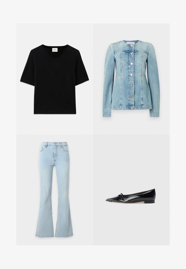 Hellblaue Jeansjacke mit rundem Ausschnitt, Knöpfen vorne und zwei Brusttaschen. Mit taillierter Silhouette und langen Ärmeln.; Schwarzes kurzärmeliges Strickoberteil mit Rundhalsausschnitt. Verfügt über eine glatte Textur und Rippdetails entlang des Ausschnitts und der Ärmel.; Hellblaue, hoch taillierte Jeans mit ausgestellten Beinen, Knopf- und Reißverschluss, Vorder- und Hintertaschen.; Schwarze Lackleder-Ballerina mit spitzem Zehenbereich, kleinem dekorativen Riemen und niedrigem Blockabsatz. Glatte Textur und elegantes Design.