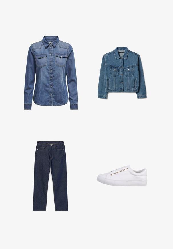 Klassiek blauwe spijkerjas met knoopsluiting aan de voorkant, twee borstzakken met klep en knopen, zijzakken met openingen en lange mouwen.; Donkerblauw denim shirt met een kraag, lange mouwen, dubbele borstzakken en contrasterende stiksels.; Donkerblauwe denim jeans met een rechte pasvorm, uitgerust met vijf zakken, contrasterende oranje stiksels en een metalen knoopsluiting bij de taille.; Witte sneaker van gestructureerd leer met zes metalen oogjes, platte veters en een rubberen zool. Klassiek laag model zonder patronen.
