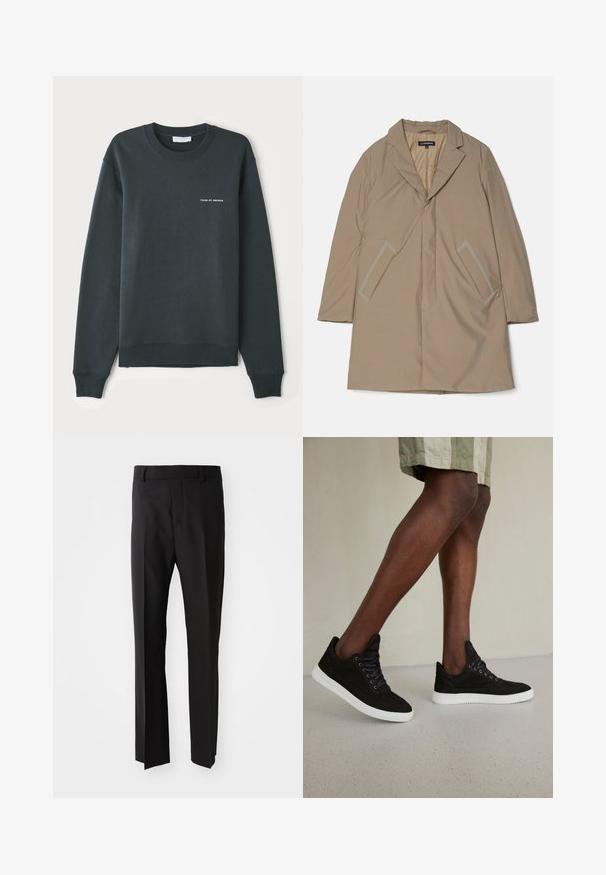 Beige, mellemlangt ydertøj med krave, skrå frontåbning og to sidelommer. Fremstillet af glat, letvægtsstof.; Mørkegrøn sweatshirt med rund hals, lange ærmer, ribbede manchetter og kant, med et hvidt tekstlogo "TIGER OF SWEDEN" på brystet.; Sorte bukser med lige pasform, lavet af glat stof, med en talje der har bæltestropper og sidelommer. Ingen synlige mønstre eller detaljer.; Sorte ruskinds sneakers med hvide gummisåler, med runde snørebånd, lav-top design og en glat overflade.