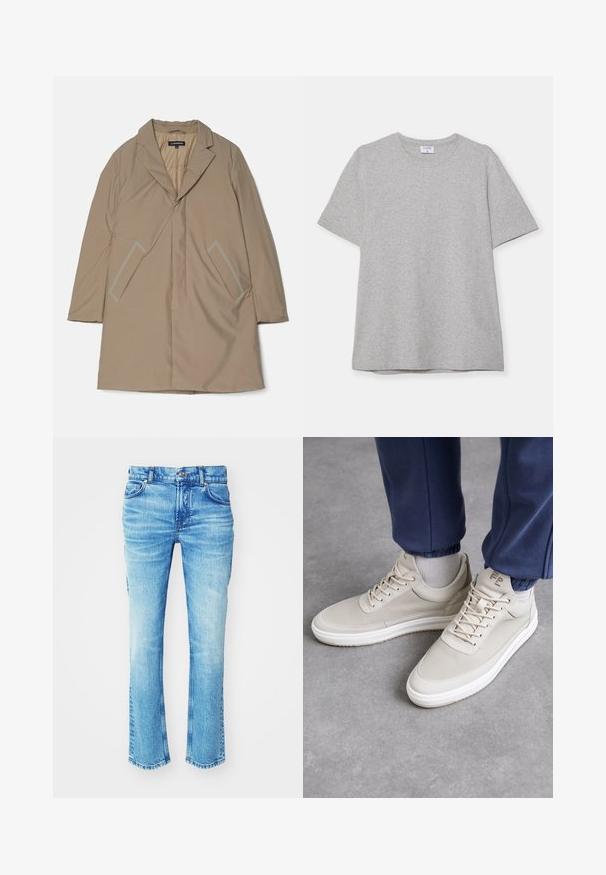 Manteau beige de longueur mi-longue avec un col, ouverture frontale inclinée et deux poches latérales. Fabriqué en tissu lisse et léger.; T-shirt gris à manches courtes fabriqué en tissu doux et texturé. Présente un col rond classique et un ourlet droit, idéal pour une tenue décontractée.; Jean en denim bleu avec un lavage délavé, design à jambe droite et ourlet brut. Présente une coupe cinq poches et des détails en métal sur les boutons.; Baskets beiges en matériau texturé, à bout rond, avec des lacets et un design minimaliste. Semelle blanche avec des détails beige clair. Porté avec un jogging bleu marine.