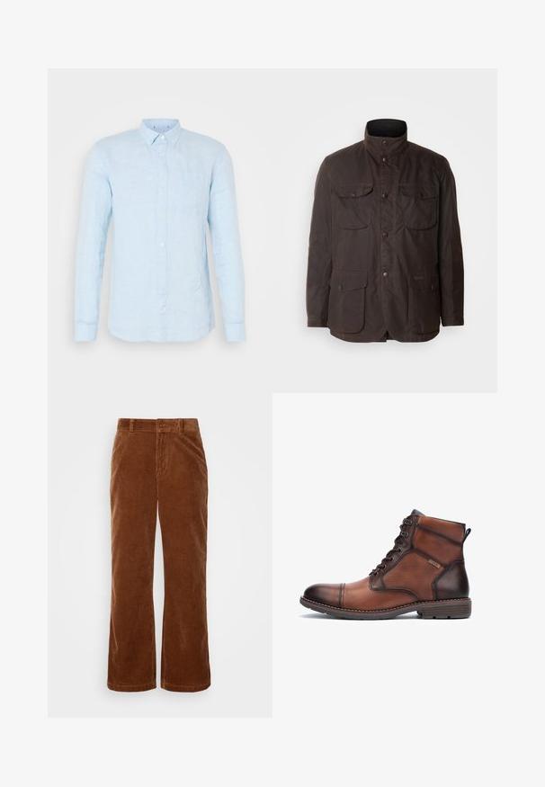Barbour OGSTON JACKET - Übergangsjacke - rustic/classic; Helles blaues Leinenhemd mit langen Ärmeln, spitzem Kragen und einer Brusttasche. Verfügt über eine leicht strukturierte Oberfläche und Knopfverschluss.; Braune Cordhosen mit einem weit geschnittenen Design, das eine vertikale Rippstruktur, einen Knopfverschluss und standardmäßige Gürtelschlaufen aufweist.; Braunleder- und Stoff-Herrenstiefel mit Knöchelhöhe, Schnürung, Nähdetails, flachem Absatz und Markenlogo an der Seite.
