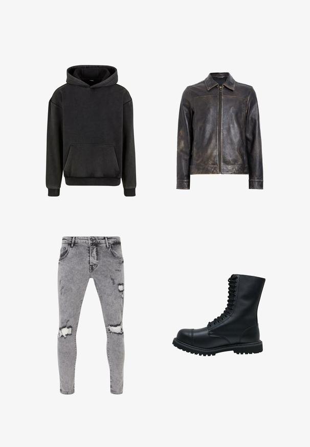 Zwarte leren jack met ritssluiting, opstaande kraag en subtiele verweerde textuur. Heeft een ronde hardware accent op de rits.; Urban Classics Hoodie - magnet; Grijze denim jeans met een slim fit, voorzien van versleten plekken en scheuren op de knieën. Vijf-pocket ontwerp met een klassieke knoopsluiting.; Zwarte leren veterschoen met een ronde neus, hoge schacht, dikke rubberen zool en een gestructureerd oppervlak. Heeft versterkte stiksels langs de naden.