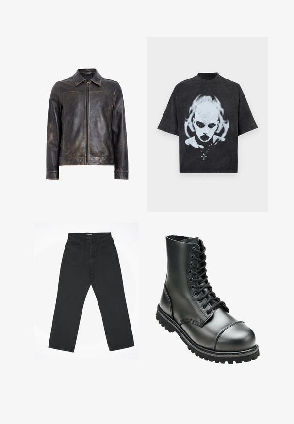 Veste en cuir noir avec fermeture éclair, col montant et texture légèrement usée. Présente un accent en métal circulaire sur la fermeture éclair.; T-shirt noir oversize avec un graphisme blanc représentant une personne chauve aux yeux foncés, rouge à lèvres, piercings et un collier avec un pendentif en forme de croix.; Jean noir à coupe droite avec cinq poches et une fermeture éclair, posé à plat sur un fond blanc, étiqueté "2Y STUDIOS" à la taille.; Botte de combat en cuir noir avec une tige haute, bout rond, laçage sur le devant et semelle en caoutchouc robuste avec un profil de crantage profond pour une meilleure adhérence.