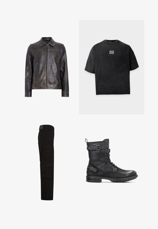 Schwarze Lederjacke mit Reißverschluss, Stehkragen und subtiler, abgenutzter Textur. Verfügt über ein kreisförmiges Hardware-Detail am Reißverschluss.; Schwarzes übergroßes Kurzarm-T-Shirt mit kleinem weißem, kompliziertem Logotext, zentriert auf der Brust mit dem Schriftzug "SEVEN STUDIOS".; Schwarze Cargohose mit mehreren großen Überschlagtaschen, Gürtelschlaufen und geradem Beinanschnitt, seitlich dargestellt.; Kazar HEARD - Cowboy-/Bikerstiefelette - black