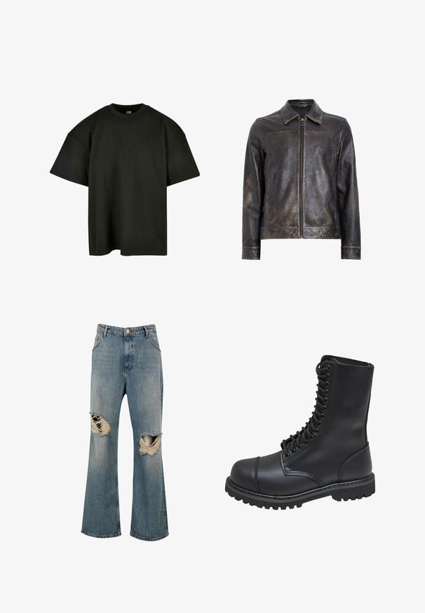 Sort læderjakke med lynlåslukning, stående krave og subtilt slidte tekstur. Har et cirkulært hardware-element på lynlåsen.; Sort oversized t-shirt i blød bomuld. Har en rund crew neckline og korte ærmer, med en glat tekstur og minimalistisk design.; Blå denim-jeans med vide ben og store revnede huller på begge knæ, der viser frynsete kanter og hvide tråde.; Sort læder kampstøvle med høj skaft, snørebånd foran, polstret krave og en robust tekstureret sål for godt greb. Har forstærket tåhætte.