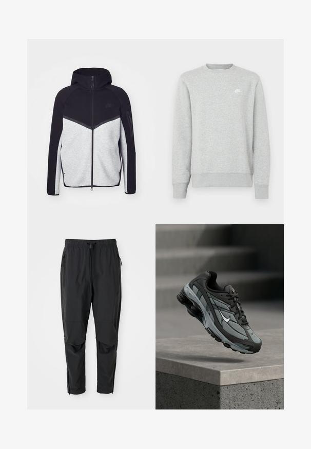 Harmaa ja musta vetoketjullinen takki hupulla. Ominaisuuksiin kuuluu chevron-kuviointi, vetoketjullinen tasku hihassa ja kontrastiväriset materiaalit. Nike-logo näkyvissä.; Harmaa collegepaita pehmeää fleecekangasta, jossa on resorit hihoissa ja helmassa, sekä pieni valkoinen Nike-logo rinnassa.; Musta kevyet housut, joissa on elastinen vyötärö, nyöri, vetoketjulliset sivutaskut, artikuloidut polvet ja nilkkavetoketjut.; Harmaa ja musta urheilukenkä, jossa on verkkopaneelit ja paksu pohja, ilmassa betonisen reunuksen ja portaitten yläpuolella taustalla.