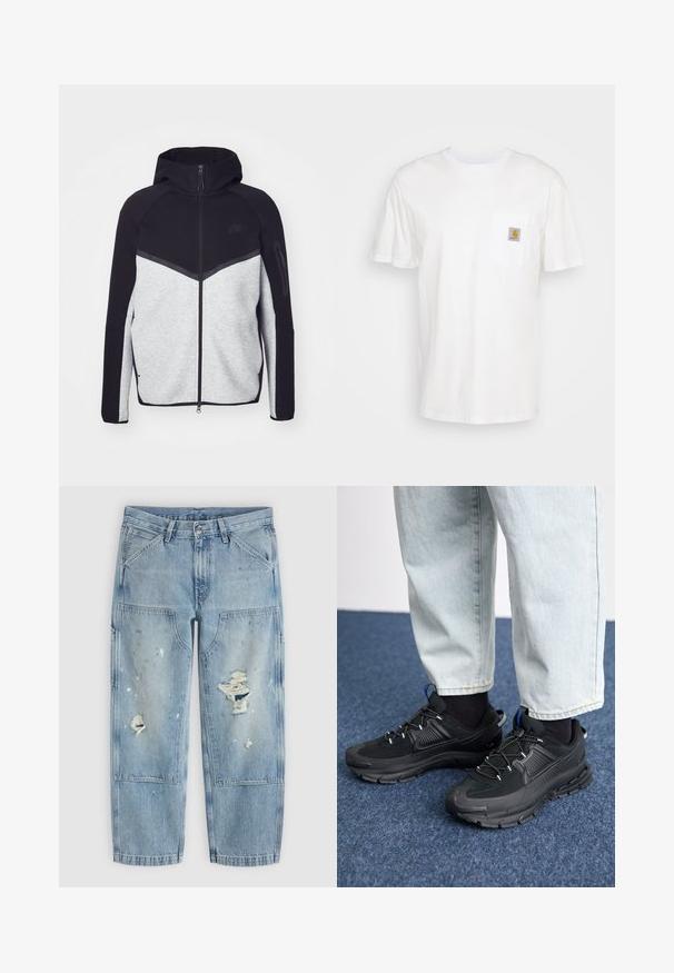 Grå og sort zip-jakke med hætte. Har et chevron-design, lynlåslomme på armen og kontrasterende teksturer. Nike-logoet er synligt.; Hvid bomulds T-shirt med korte ærmer, en brystlomme, og et lille firkantet logo patch i orange og hvid på lommen.; Lyseblå denim jeans med malingstænk, store forlommer med lapper og slidte huller på begge ben, vist fladt på en lys baggrund.; Sorte træningssko med tekstureret stof og gummisåler, udstyret med elastiske snørebånd og en blå detalje på hælen. Bæres med lyse denimbukser.
