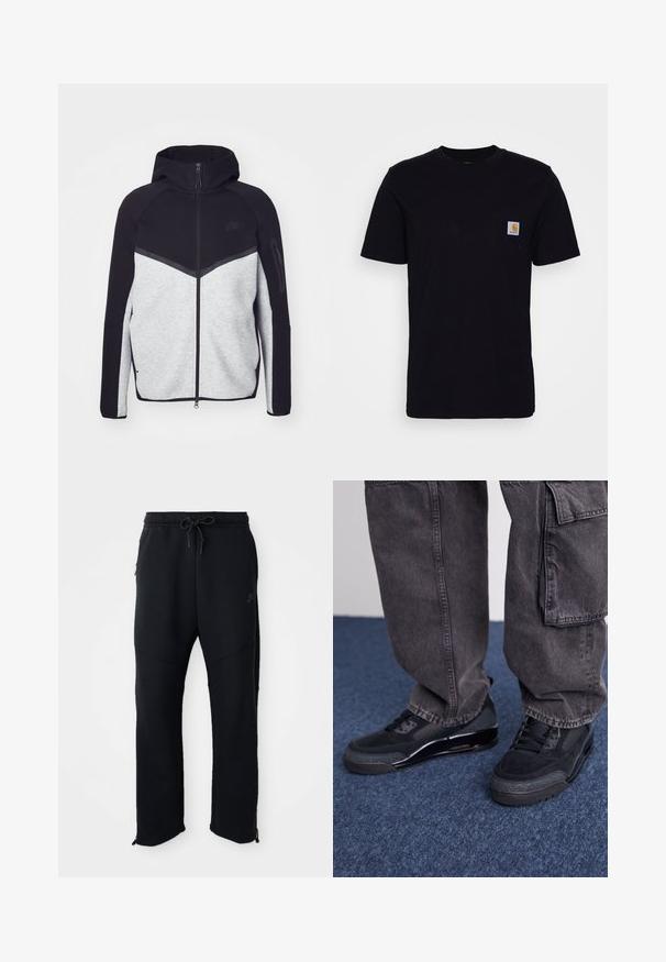 Veste à capuche zippée gris et noir. Présente un design en chevrons, une poche zippée sur le bras et des textures contrastées. Logo Nike visible.; T-shirt en coton noir à manches courtes, col rond et poche poitrine avec un petit patch logo carré. Design simple et uni.; Pantalons de sport noirs avec taille élastique et cordon de serrage, dotés de poches latérales, de jambes fuselées et de zips aux chevilles. Texture lisse.; Des chaussures de sport noires avec une surface texturée, des accents lisses et une semelle épaisse, accompagnées de pantalons cargo larges et foncés.