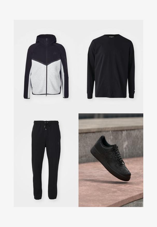 Hallide ja musta kapuutsiga tõmblukuga jakk. Omab ševronmustrit, tõmblukuga taskut varrukal ja kontrasteksture. Nähtav Nike logo.; Must musta varrukatega T-särk, mis on valmistatud puuvillast, ümmarguse kaelusega ja sirge lõikega, väikese logodetailiga varrukal.; Mustad mustad, millel on elastne vöökoht ja reguleeritav pael, mis on varustatud mansetiga pahkluude juures ja külgedel poleerimise logo.; Mustad madala säärega tennised, mille nahale on pressitud tähemustrid, mustad paelad ja väike hõbedane tähekujuline ripats eesmisel paelal.