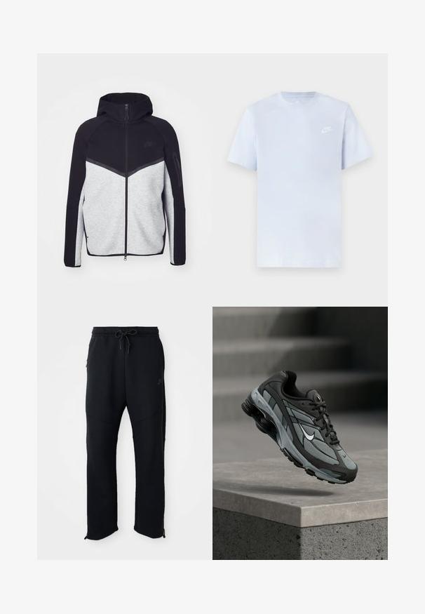 Šedá a čierna vetrovka na zips s kapucňou. Obsahuje chevronový dizajn, zipsovú kapsu na ramene a kontrastné textúry. Viditeľné logo Nike.; Svetlomodré bavlnené tričko s krátkymi rukávmi, okrúhlym výstrihom a bielym logom Nike potlačeným na ľavej hrudi. Hladká textúra, jednoduchý dizajn.; Čierne športové nohavice s elastickým pásom a šnúrkou, majú postranné vrecká, zúžené nohavice a zipsy na členkoch. Hladká textúra.; Šedá a čierna športová teniska s panelmi z sieťoviny a hrubou podrážkou, umiestnená vo vzduchu nad betónovým obrubníkom a schodmi v pozadí.
