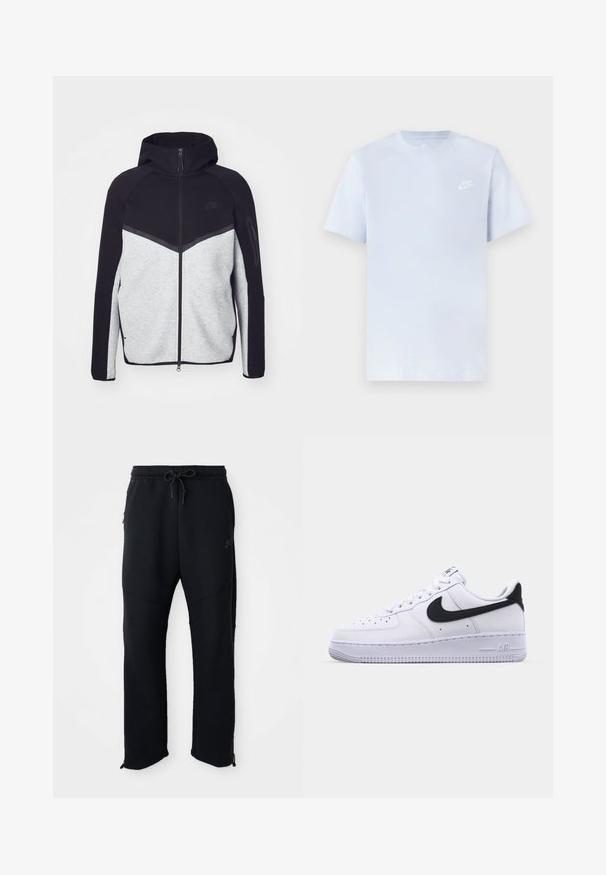 Hallide ja musta kapuutsiga tõmblukuga jakk. Omab ševronmustrit, tõmblukuga taskut varrukal ja kontrasteksture. Nähtav Nike logo.; Hele sinine puuvillane t-särk lühikeste varrukatega, ümar kaelus ja valge Nike logo trükituna vasakul rinnal. Sile tekstuur, lihtne disain.; Mustad mustaräätsed paelaga ja elastse vööga, küljetaskud, kitsenevad sääred ja tõmblukud pahkluude juures. Sile tekstuur.; Valge nahast toss musta tekstuuriga Swooshiga, lamedate nööridega ja kummist tallaga, millel on sooneline muster. "AIR" on reljeefne kandadel.