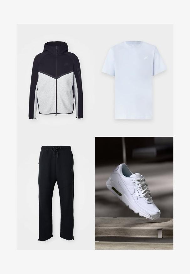Šedá a čierna vetrovka na zips s kapucňou. Obsahuje chevronový dizajn, zipsovú kapsu na ramene a kontrastné textúry. Viditeľné logo Nike.; Svetlomodré bavlnené tričko s krátkymi rukávmi, okrúhlym výstrihom a bielym logom Nike potlačeným na ľavej hrudi. Hladká textúra, jednoduchý dizajn.; Čierne športové nohavice s elastickým pásom a šnúrkou, majú postranné vrecká, zúžené nohavice a zipsy na členkoch. Hladká textúra.; Biele kožené tenisky s textúrovanými povrchmi, polstrovaným golierom a viditeľným vzduchovým odpružením v podrážke. Majú šnúrky a minimalistický dizajn.