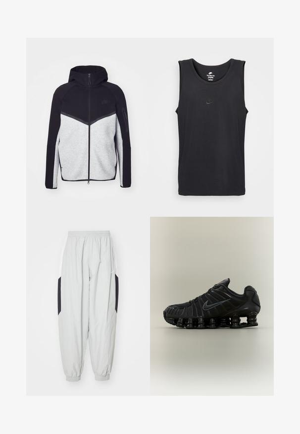 Veste à capuche zippée gris et noir. Présente un design en chevrons, une poche zippée sur le bras et des textures contrastées. Logo Nike visible.; Top sans manches Nike noir en coton, avec un col rond et un petit logo en relief sur la poitrine. Texture de tissu lisse.; Pantalons de jogging gris clair en tissu léger, avec taille élastique et poignets, dotés de panneaux latéraux contrastants noir et blanc.; Chaussure de course noire Nike avec semelle segmentée semblable à un ressort, dessus en mesh et logo Swoosh noir assorti sur le côté.