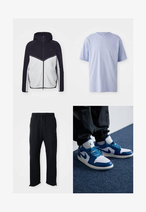 Chaqueta con cremallera en gris y negro con capucha. Presenta un diseño de chevron, un bolsillo con cremallera en el brazo y texturas contrastantes. Logo de Nike visible.; Camiseta de algodón azul claro con escote redondo y mangas cortas. Presenta un logo "nike" en relieve en el centro del frente. Textura suave.; Pantalones deportivos negros con cinturilla elástica y cordón, con bolsillos laterales, piernas ajustadas y cremalleras en los tobillos. Textura suave.; Las zapatillas Nike Air Jordan cuentan con una base de cuero blanco con acentos sintéticos azules, una caja de dedos perforada y cordones azules.