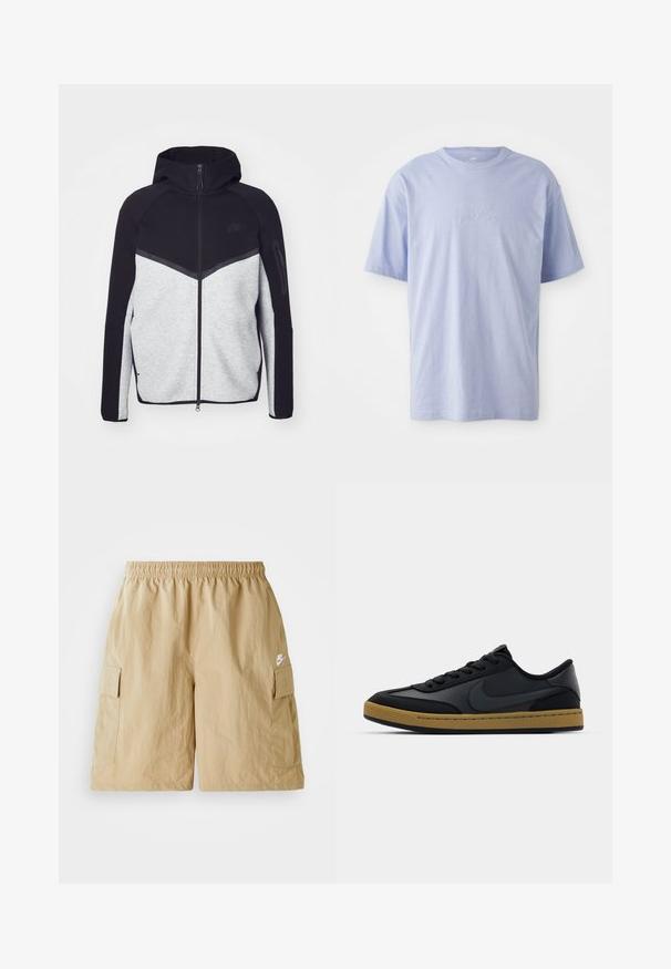 Hallide ja musta kapuutsiga tõmblukuga jakk. Omab ševronmustrit, tõmblukuga taskut varrukal ja kontrasteksture. Nähtav Nike logo.; Heleheles sinine puuvillane T-särk ümmarguse kaelusega ja lühikeste varrukatega. Ees keskel on reljeefne "nike" logo. Pehme tekstuur.; Beez värvi cargo lühikesed püksid elastse vöökoha, esi-taskute ja väikese valge Nike logoga. Kerge kangas, millel on kortsus tekstuur.; Must have musta nahk sneakers madala disainiga, nöörimisega sulgemine, kummist tallad ja kummitooni aktsendid. Omab külje logo ja tekstureeritud materjale.