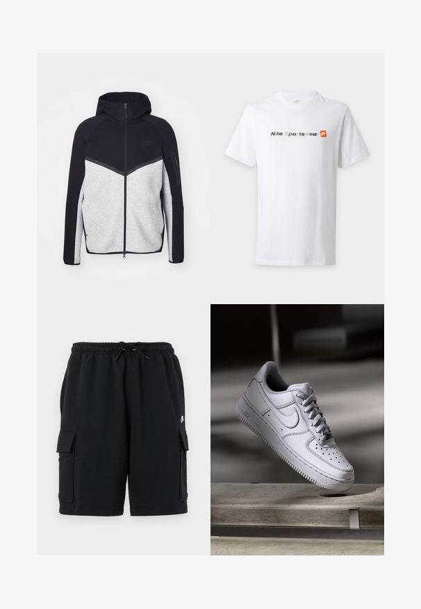 Šedá a čierna vetrovka na zips s kapucňou. Obsahuje chevronový dizajn, zipsovú kapsu na ramene a kontrastné textúry. Viditeľné logo Nike.; Biele tričko s krátkym rukávom s textom "Nike Sportswear" v sivej a námorníckej modrej farbe a oranžovým logom Nike na hrudi.; Čierne bavlnené cargo šortky s elastickým pásom a šnúrkou, vybavené dvoma bočnými vreckami a malým logom ako akcent.; Biely kožený teniska Nike Air Force 1 má perforovanú špičku, ploché šnúrky a štruktúrovanú gumovú podrážku s nápisom „AIR“ na boku.
