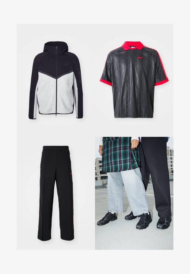 Grå og sort zip-jakke med hætte. Har et chevron-design, lynlåslomme på armen og kontrasterende teksturer. Nike-logoet er synligt.; Sort kortærmet polo med rød krave og manchetter, subtile lodrette striber med "Nike" tekst og rødt Nike swoosh logo på brystet.; Svarte sweatpants med løs pasform, der har røde detaljer og lommer på siderne. Materialet ser blødt ud med en glat tekstur.; Sorte atletik sko med mesh- og gummidetaljer. Båret med lysegrå vide jeans og en ternet grøn bluse. Flad overflade i baggrunden.