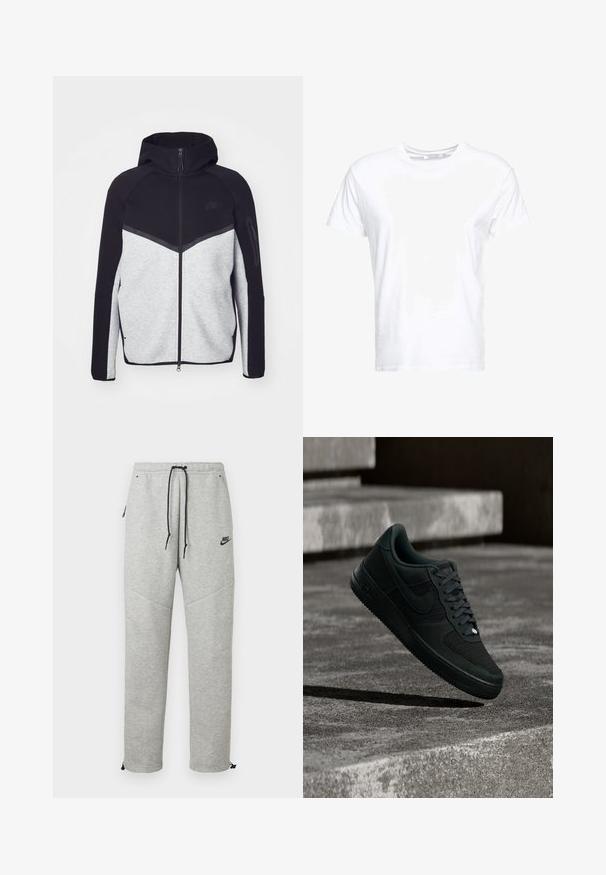 Grijze en zwarte ritshoodie. Heeft een chevronontwerp, een ritszak op de mouw en contrasterende texturen. Nike-logo zichtbaar.; Witte katoenen t-shirt met een ronde hals en korte mouwen, in een klassiek model met een gladde textuur. Geen patronen of hardware zichtbaar.; Grijze Nike trainingsbroek met een verstelbare tailleband, zijzakken en elastische boorden. Heeft een soepele textuur en contrasterende zwarte logo-details.; Zwarte Nike Air Force 1 sneaker met mesh- en lederen details, die boven getextureerde betonnen treden zweeft bij weinig licht.