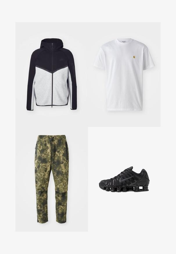 Hallide ja musta kapuutsiga tõmblukuga jakk. Omab ševronmustrit, tõmblukuga taskut varrukal ja kontrasteksture. Nähtav Nike logo.; Valge puuvillane t-särk lühikeste varrukatega, ümmargune kaelus, millel on väike kuldne logo vasakul rinnal. Pehme tekstuur ja regulaarne lõike.; Kamikatsaga rohelise varjundiga digitaalse mustriga. Omab elastset vööd, nööri ja külje vetthülgavaid taskut.; Mustad võrgu- ja sünteetilisest materjalist sportlikud jalanõud, millel on eriline laineline disain, must kummist talla ja peegeldavad lisandid.