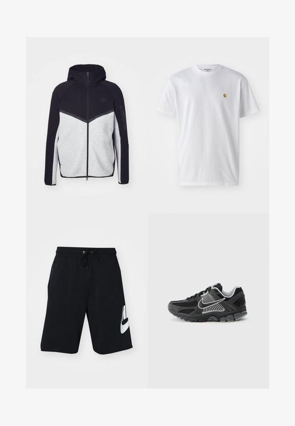 Hallide ja musta kapuutsiga tõmblukuga jakk. Omab ševronmustrit, tõmblukuga taskut varrukal ja kontrasteksture. Nähtav Nike logo.; Valge puuvillane t-särk lühikeste varrukatega, ümmargune kaelus, millel on väike kuldne logo vasakul rinnal. Pehme tekstuur ja regulaarne lõike.; Mustad puuvillased lühikesed püksid, millel on stringi vöökoht, küljetaskud ja suur valge Nike logo vasakul reiel. Klassikaline sportlik disain.; Mustad spordijalats võrgust paneelide ja sünteetiliste detailidega. Omab ümarat varvast, paksu pehmendusega tallaplaati ning kontrastset valget logodetaili.