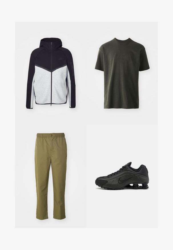 Hallide ja musta kapuutsiga tõmblukuga jakk. Omab ševronmustrit, tõmblukuga taskut varrukal ja kontrasteksture. Nähtav Nike logo.; Tumes roheline T-särk pehmest kangast, millel on ümar kaelus ja lühikesed varrukad. Tikkitud "nike" logo, mis on veidi tumedamat roheline.; Olive roheline püksid, millel on elastsest materjalist vöökoht, nööpkinni ja mugav lõige. Valmistatud kergetest kangast, sisaldab küljetaskuid.; Mustad mustat jooksujalad, millel on sile sünteetiline ülemus, perforatsioonid, tekstureeritud külgpaneelid ja eristuv elastne tall.