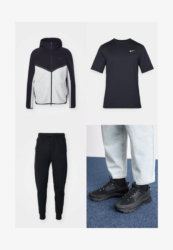 Šedá a čierna vetrovka na zips s kapucňou. Obsahuje chevronový dizajn, zipsovú kapsu na ramene a kontrastné textúry. Viditeľné logo Nike.; Čierne tričko s krátkym rukávom značky Nike z hladkého materiálu, s bielym logom swoosh na pravej hornej strane, okrúhly výstrih.; Čierne tepláky vyrobené z mäkkej tkaniny, s elastickým pásom, zúženými nohavicami a bočnými vreckami s elegantným dizajnom.; Čierne športové topánky s textúrovanou tkaninou a gumovou podrážkou, so elastickými šnúrkami a modrým akcentom na päte. Nosia sa s svetlými riflami.