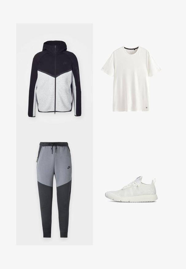 Grå og sort zip-jakke med hætte. Har et chevron-design, lynlåslomme på armen og kontrasterende teksturer. Nike-logoet er synligt.; Simpel hvid kortærmet T-shirt med rund hals, et lille logo nær kanten og teksten "ACTIVE" på indersiden af kraven.; Nike joggers i grå og sort med et trekantet farveblokdesign, elastisk talje med snøre og sidelommer.; Hvid atletiksko med en tekstureret mesh-overdel, flade snørebånd og en forstærket tå. Har et minimalistisk design og en polstret sål.