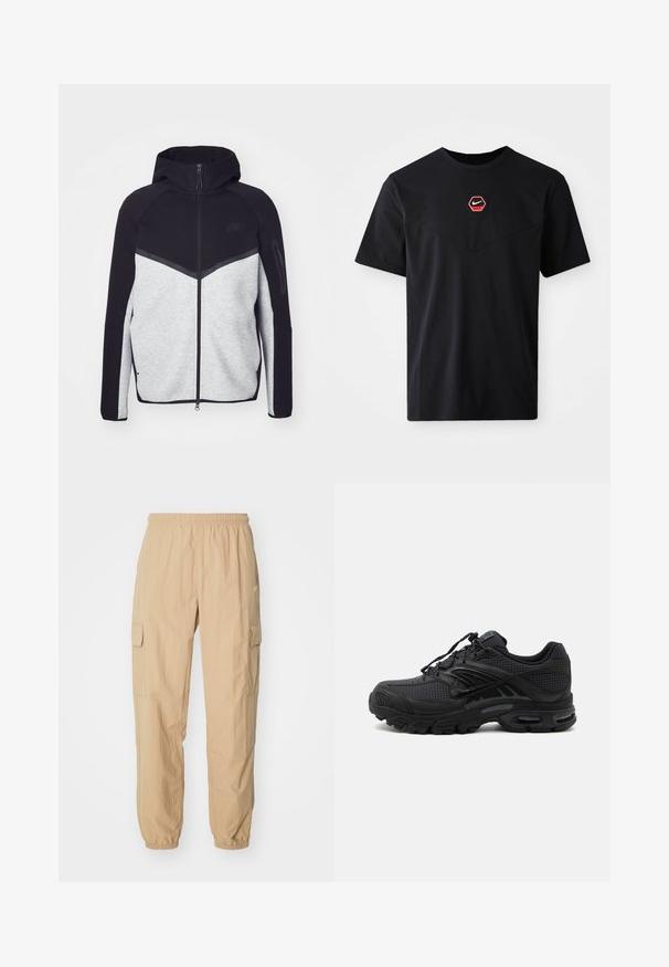 Grau-schwarze Zip-Jacke mit Kapuze. Verfügt über ein Chevron-Design, eine Reißverschlusstasche am Arm und kontrastierende Texturen. Nike-Logo sichtbar.; Schwarzes kurzärmeliges T-Shirt aus Baumwolle mit einem sechseckigen roten und weißen Nike-Logo auf der Brust und einem abgerundeten Ausschnitt.; Beige Cargo-Hosen aus leichtem Stoff, mit einem elastischen Bund, zwei Seitentaschen und elastischen Bündchen an den Knöcheln.; Schwarzer athletischer Sneaker mit strukturiertem Stoff, dicker gepolsterter Sohle, Luftauslässen und Schnürverschluss, von der Seite auf hellem Hintergrund gezeigt.