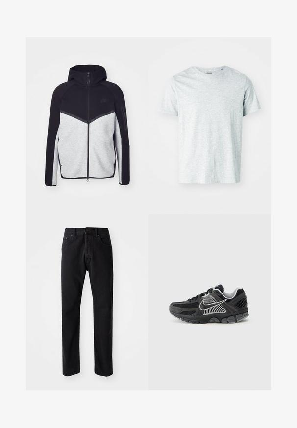 Grå og sort zip-jakke med hætte. Har et chevron-design, lynlåslomme på armen og kontrasterende teksturer. Nike-logoet er synligt.; Lys grå, kortærmet t-shirt lavet af blødt stof, med en rund hals og en let afslappet pasform. Ingen synlige mønstre eller grafik.; Sorte denim jeans med lige snit, fem lommer og knaplukning. Har synlige sømme og en blød, struktureret stof.; Sort atletiksko med meshpaneler og syntetiske detaljer. Har en rundet tå, tyk polstret sål og kontrasterende hvide logodetaljer.