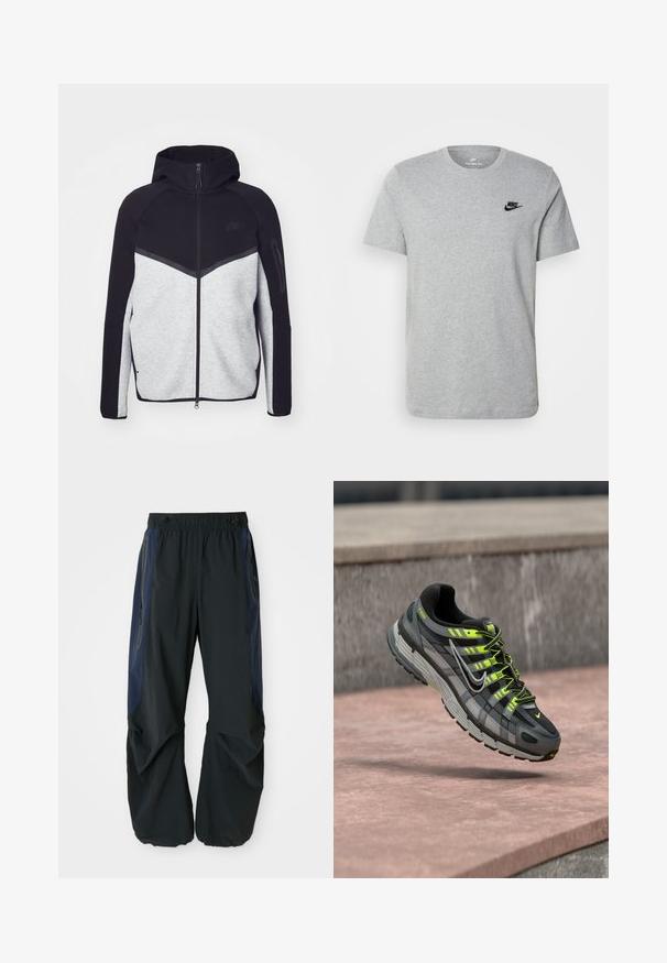 Hallide ja musta kapuutsiga tõmblukuga jakk. Omab ševronmustrit, tõmblukuga taskut varrukal ja kontrasteksture. Nähtav Nike logo.; Halli lühikeste varrukatega T-särk, mis on valmistatud puuvillast ja millel on rinnal must Nike'i logo ning ümar kaelus. Minimalistlik disain, ilma mustriteta.; Mustad mustad püksid, millel on lõdvestunud sobivus, elastne vöökoht, tumesinised külgpaneelid ja vetthülgavad taskud mõlemal küljel.; Must ja hall Nike P-6000 toss neoonkollaste detailide ja paeltidega, hõljumas roosa betoonpinna kohal.