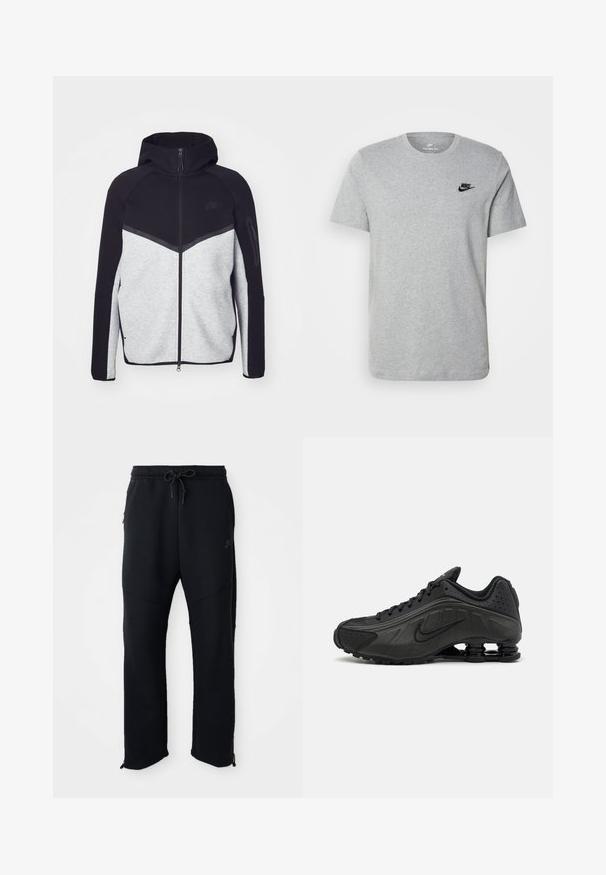Chaqueta con cremallera en gris y negro con capucha. Presenta un diseño de chevron, un bolsillo con cremallera en el brazo y texturas contrastantes. Logo de Nike visible.; Camiseta de manga corta gris de algodón, con un logo negro de Nike en el pecho y un cuello redondo. Diseño minimalista sin patrones.; Pantalones deportivos negros con cinturilla elástica y cordón, con bolsillos laterales, piernas ajustadas y cremalleras en los tobillos. Textura suave.; Zapatillas de running negras con un upper sintético liso, detalles perforados, paneles laterales texturizados y una suela distintiva y elástica.
