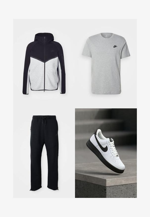 Grau-schwarze Zip-Jacke mit Kapuze. Verfügt über ein Chevron-Design, eine Reißverschlusstasche am Arm und kontrastierende Texturen. Nike-Logo sichtbar.; Graues T-Shirt mit kurzen Ärmeln aus Baumwolle, mit einem schwarzen Nike-Logo auf der Brust und einem runden Ausschnitt. Minimalistisches Design ohne Muster.; Schwarze Sporthose mit elastischem Bund und Kordelzug, seitlichen Taschen, schmal zulaufenden Beinen und Reißverschlüssen an den Knöcheln. Glatte Textur.; Weißer Ledersneaker mit schwarzen Akzenten, abgerundetem Zehenbereich und perforierten Details. Schwarze Gummisohle mit strukturiertem Muster und Schnürverschluss.