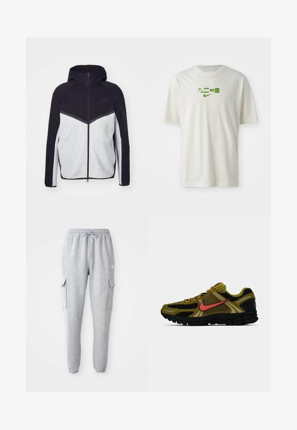 Grå og sort zip-jakke med hætte. Har et chevron-design, lynlåslomme på armen og kontrasterende teksturer. Nike-logoet er synligt.; Hvid bomulds t-shirt med et grønt grafisk print med ordet "NIKE" og logo. Korte ærmer og rund hals. Glat tekstur.; Grå sweatpants lavet af blødt stof, med en elastisk talje med snor, to sidelommer og tapered manchetter.; Olivengrønne og sorte Nike løbesko med orange swoosh og refleksaccenter, set fra siden på hvid baggrund.