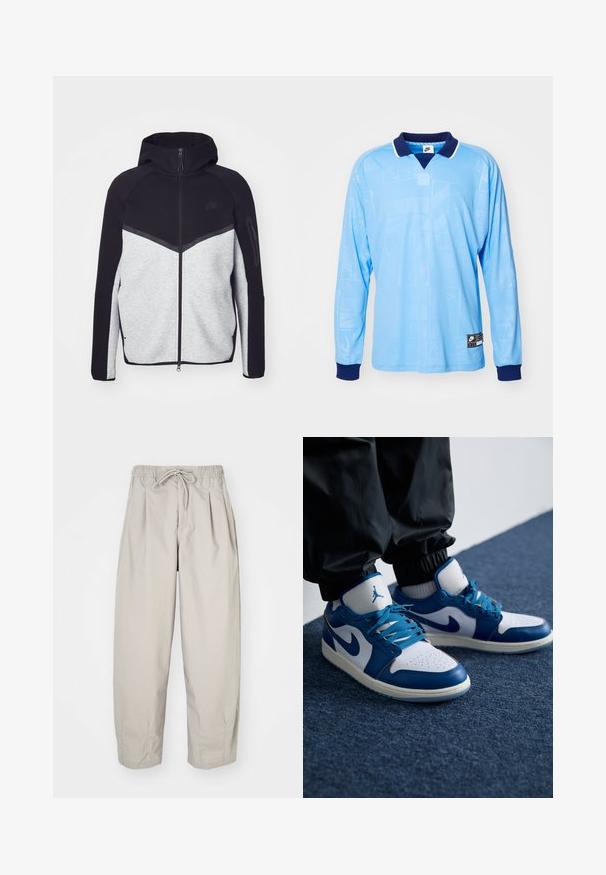 Grau-schwarze Zip-Jacke mit Kapuze. Verfügt über ein Chevron-Design, eine Reißverschlusstasche am Arm und kontrastierende Texturen. Nike-Logo sichtbar.; Hellblauses Langarm-Polohemd mit marineblauem Kragen und Bündchen, das ein dezentes Allover-Muster und Nike-Logoprint am unteren Saum aufweist.; Beige, leichte Hose mit elastischem Bund und Zugband. Sie verfügt über Falten und eine lockere Passform, gefertigt aus weichem, glattem Stoff.; Die Nike Air Jordan Sneakers verfügen über eine weiße Lederbasis mit blauen synthetischen Akzenten, einer perforierten Zehenbox und blauen Schnürsenkeln.