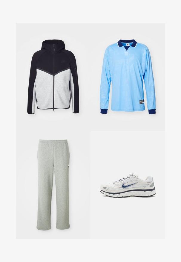 Grå og sort zip-jakke med hætte. Har et chevron-design, lynlåslomme på armen og kontrasterende teksturer. Nike-logoet er synligt.; Lyseblå langærmet polo trøje med marineblå krave og manchetter, med et diskret all-over mønster og Nike-logo på den nederste kant.; Grå sweatpants lavet af blødt bomuldsblandingsstof, med elastisk talje, lige ben-design og et lille logo på venstre side.; Nike Sportswear P 6000 - Sneakers - phantom/obsidian/summit white/white/black/metallic silver