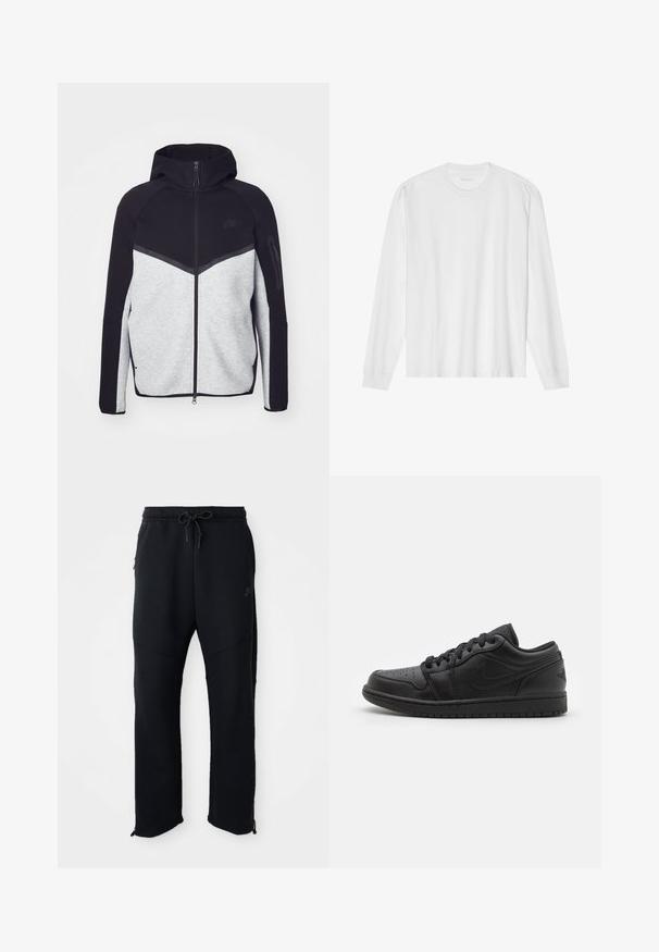 Veste à capuche zippée gris et noir. Présente un design en chevrons, une poche zippée sur le bras et des textures contrastées. Logo Nike visible.; T-shirt blanc en coton à manches longues avec col rond, doté de poignets côtelés et d'un ourlet droit, texture lisse et design minimaliste.; Pantalons de sport noirs avec taille élastique et cordon de serrage, dotés de poches latérales, de jambes fuselées et de zips aux chevilles. Texture lisse.; Baskets basses en cuir noir avec embout perforé, lacets plats, col rembourré et semelle texturée. Dotées d'un logo discret à l'arrière.