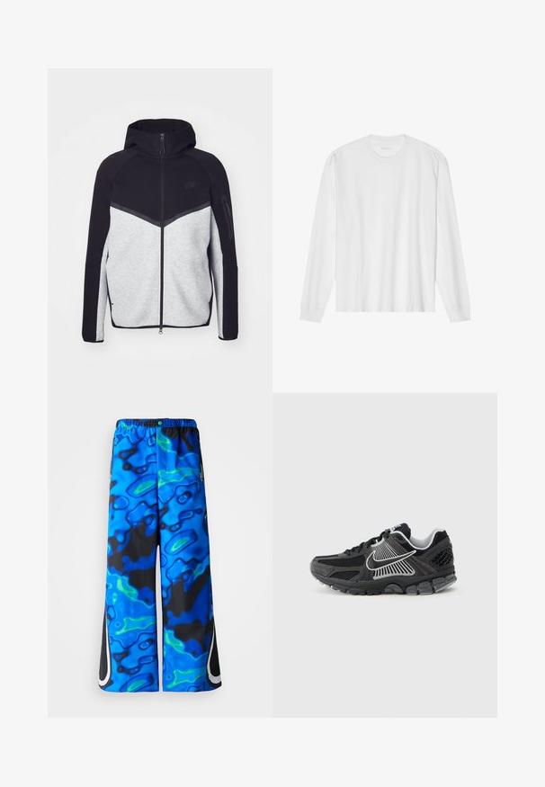 Grau-schwarze Zip-Jacke mit Kapuze. Verfügt über ein Chevron-Design, eine Reißverschlusstasche am Arm und kontrastierende Texturen. Nike-Logo sichtbar.; Weißes langärmeliges Baumwoll-T-Shirt mit Rundhalsausschnitt, mit gerippten Bündchen und geradem Saum, glatter Textur und minimalistischem Design.; Blaue und schwarze, abstrakt gemusterte, weit geschnittene Hose mit elastischem Bund und seitlichen Reißverschlusstaschen auf einem einfarbigen Hintergrund.; Schwarzer Sportschuh mit Mesh-Einsätzen und synthetischen Akzenten. Verfügt über eine abgerundete Zehenpartie, eine dicke gepolsterte Sohle und kontrastreiche weiße Logodetails.