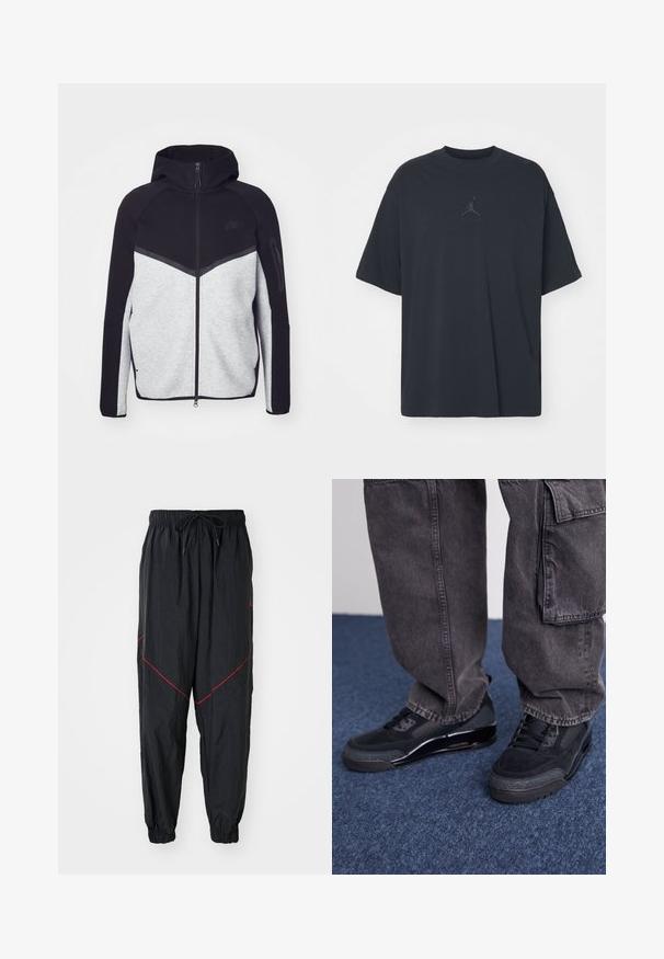 Hallide ja musta kapuutsiga tõmblukuga jakk. Omab ševronmustrit, tõmblukuga taskut varrukal ja kontrasteksture. Nähtav Nike logo.; Mustmust värvi puuvillane T-särk, laia lõikega, ümar kaelus, lühikesed varrukad, millel on diskreetne logo ja teksti "AIR" logo kohal keskel.; Mustad mustelõngad, mis on valmistatud kergest kangast, punaste aktsentõmblustega, elastse vöökohtaga ja nööriga, ning elastsete mansettidega.; Mustad mustrennijalats, millel on tekstuuriga pind, silejad aktsentid ja paks tald, koos tumedate, lahtiste cargo-pükstega.