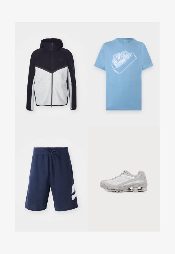 Grå og sort zip-jakke med hætte. Har et chevron-design, lynlåslomme på armen og kontrasterende teksturer. Nike-logoet er synligt.; Lyseblå kortærmet Nike T-shirt med stor stiliseret hvid Nike-logo og swoosh-grafik på brystet.; Marineblå sportsshorts lavet af bomuldsblanding, med en elastisk talje og snoretræk, sidelommer og et stort hvidt logo på venstre ben.; Grå og hvid atletiksko med mesh-paneler, snørelukning og en unik fjedrende sål til stødabsorbering og støtte.