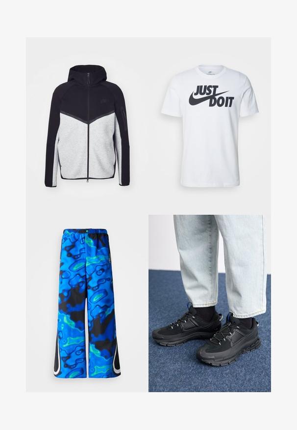 Šedá a čierna vetrovka na zips s kapucňou. Obsahuje chevronový dizajn, zipsovú kapsu na ramene a kontrastné textúry. Viditeľné logo Nike.; Biely bavlnený tričko s výrazným čiernym logom "Just Do It" a Nike swoosh. Klasický strih s okrúhlym výstrihom a krátkymi rukávmi.; Modré a čierne široké nohavice s abstraktným vzorom, s elastickým pásom a zipsovými bočnými vreckami na jednoduchom pozadí.; Čierne športové topánky s textúrovanou tkaninou a gumovou podrážkou, so elastickými šnúrkami a modrým akcentom na päte. Nosia sa s svetlými riflami.