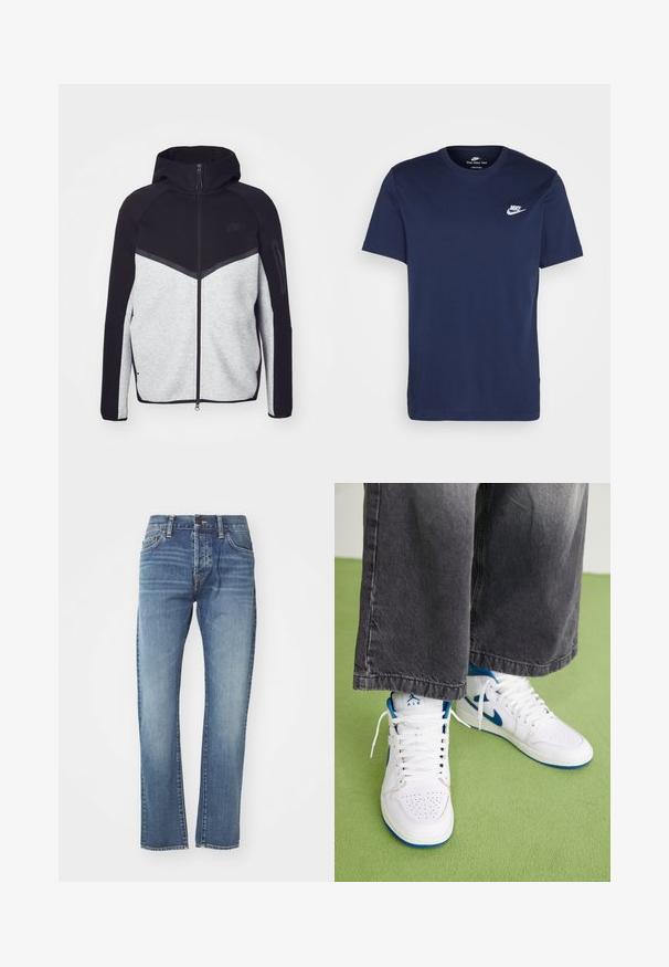 Šedá a čierna vetrovka na zips s kapucňou. Obsahuje chevronový dizajn, zipsovú kapsu na ramene a kontrastné textúry. Viditeľné logo Nike.; Námornícky modré bavlnené tričko s kruhovým výstrihom a krátkymi rukávmi. Na ľavej hrudi sa nachádza biele logo Nike a strih je rovný.; Modré džínsy s rovnými nohavicami, stredne umývané, s piatimi vreckami a jemným vyblednutím. Obsahujú klasický pás a pútka na opasok.; Biele vysoké tenisky s modrými akcentmi, perforovanou špičkou a bielymi šnúrkami. Nosené s voľnými šedými džínsami na zelenej ploche.