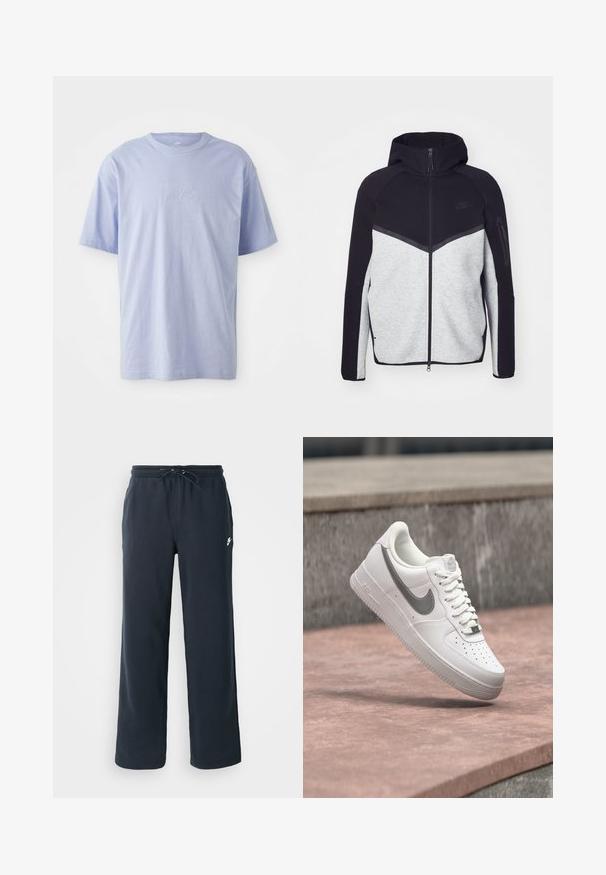 Grå og sort zip-jakke med hætte. Har et chevron-design, lynlåslomme på armen og kontrasterende teksturer. Nike-logoet er synligt.; Lysblå bomulds T-shirt med rund halsudskæring og korte ærmer. Har et præget "nike" logo i midten foran. Blød tekstur.; Mørkeblå sweatpants med elastisk talje og snoretræk. Lavet af blødt stof og med et lille hvidt logo på venstre hofte.; Hvid Nike Air Force 1 sneaker med gråt swoosh-logo svævende over en stensurface og en grå stenvæg i baggrunden.