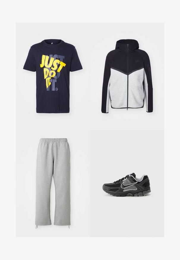 Grau-schwarze Zip-Jacke mit Kapuze. Verfügt über ein Chevron-Design, eine Reißverschlusstasche am Arm und kontrastierende Texturen. Nike-Logo sichtbar.; Marineblaue Baumwoll-T-Shirt mit dem Schriftzug "JUST DO IT." in fetter gelber und grauer Typografie. Klassischer Rundhalsausschnitt, kurze Ärmel.; Graue Sweatpants mit einem elastischen Bund, geraden Beinen und Kordelzug-Akzenten am Saum. Hergestellt aus weichem, strukturierter Stoff.; Schwarzer Sportschuh mit Mesh-Einsätzen und synthetischen Akzenten. Verfügt über eine abgerundete Zehenpartie, eine dicke gepolsterte Sohle und kontrastreiche weiße Logodetails.
