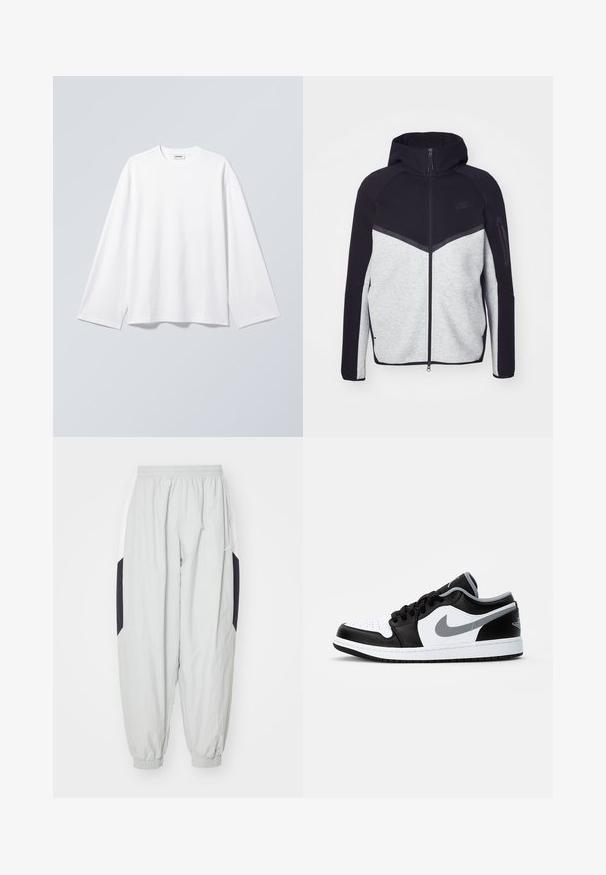 Veste à capuche zippée gris et noir. Présente un design en chevrons, une poche zippée sur le bras et des textures contrastées. Logo Nike visible.; T-shirt blanc uni à manches longues avec col rond et coupe décontractée, suspendu sur un fond gris clair.; Pantalons de jogging gris clair en tissu léger, avec taille élastique et poignets, dotés de panneaux latéraux contrastants noir et blanc.; Jordan AIR JORDAN 1 - Baskets basses - black/particle grey-white