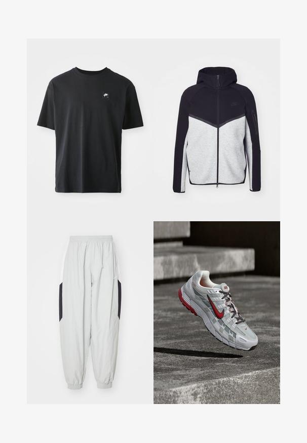 Grau-schwarze Zip-Jacke mit Kapuze. Verfügt über ein Chevron-Design, eine Reißverschlusstasche am Arm und kontrastierende Texturen. Nike-Logo sichtbar.; Schwarzes Baumwoll-T-Shirt mit kurzen Ärmeln und Rundhalsausschnitt, das ein kleines rechteckiges Logo mit "NIKE AIR" in Weiß auf der linken Brust zeigt.; Hellgraue Jogginghose aus leichtem Stoff, mit elastischem Bund und Bündchen, sowie kontrastierenden schwarzen und weißen Seiteneinsätzen.; Weißer und grauer Nike-Laufschuh mit roten Akzenten und schwarzen Schnürsenkeln, schwebend über grauen Betonstufen.