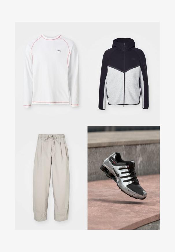 Šedá a čierna vetrovka na zips s kapucňou. Obsahuje chevronový dizajn, zipsovú kapsu na ramene a kontrastné textúry. Viditeľné logo Nike.; Biela dlouhá tričko s červenými švy a malým čiernym logom "OBEY" na hrudi. Bavlnený materiál, dizajn s okrúhlym výstrihom.; Béžové, ľahké nohavice s elastickým pásom a šnúrkou na stiahnutie. Obsahujú plisovanie a voľný strih, vyrobené z mäkkej, hladkej tkaniny.; Strieborno-čierne tenisky Nike Shox visiace vo vzduchu nad betónovým povrchom, zvýrazňujúce pružinový dizajn podrážky.