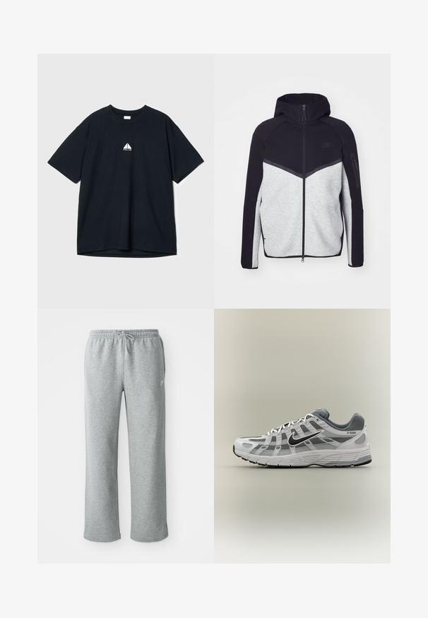 Veste à capuche zippée gris et noir. Présente un design en chevrons, une poche zippée sur le bras et des textures contrastées. Logo Nike visible.; T-shirt en coton noir avec un col rond, des manches courtes et un petit logo graphique blanc sur la poitrine. Texture douce, coupe décontractée.; Pantalons de survêtement en coton gris avec une taille élastique, fermeture à cordon et jambes droites. Comprend un petit logo sur le côté supérieur gauche.; Baskets Nike P-6000 blanches et grises avec swoosh noir, panneaux en maille et semelle texturée, montrées en profil latéral sur fond neutre.