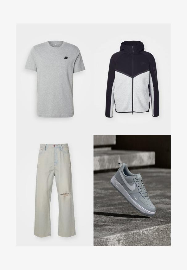 Grijze en zwarte ritshoodie. Heeft een chevronontwerp, een ritszak op de mouw en contrasterende texturen. Nike-logo zichtbaar.; Grijze T-shirt met korte mouwen van katoen, voorzien van een zwart Nike-logo op de borst en een ronde halslijn. Minimalistisch ontwerp zonder patronen.; Lichtblauwe spijkerbroek met een losse pasvorm, voorzien van rafelige scheuren aan de voorkant, een knoopsluiting en een verwassen uitstraling.; Grijze Nike Air Force 1 sneaker met wit swoosh-logo, zwevend boven een getextureerd betonnen oppervlak met trappen op de achtergrond.