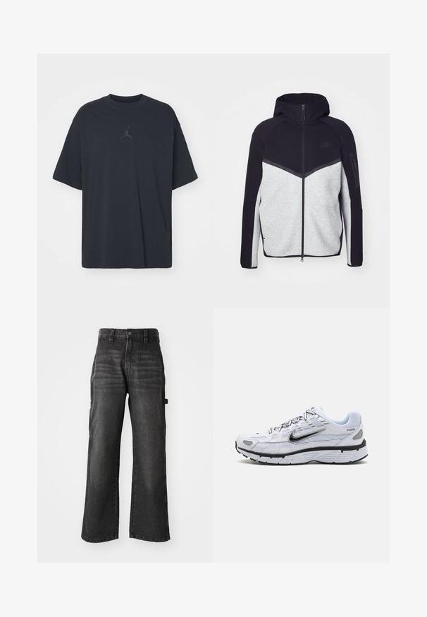 Chaqueta con cremallera en gris y negro con capucha. Presenta un diseño de chevron, un bolsillo con cremallera en el brazo y texturas contrastantes. Logo de Nike visible.; Camiseta de algodón negra con un corte holgado, cuello redondo, mangas cortas, que presenta un logo sutil y el texto "AIR" encima del logo en el centro.; Pantalones de mezclilla negros de pierna ancha, hechos de algodón suave con un acabado desgastado. Cuenta con un cierre de botón en la parte delantera y bolsillos laterales.; Zapatilla de running blanca con parte superior de malla, punta redondeada, acentos negros y una suela con patrón. Presenta cordones y una marca en el lateral.